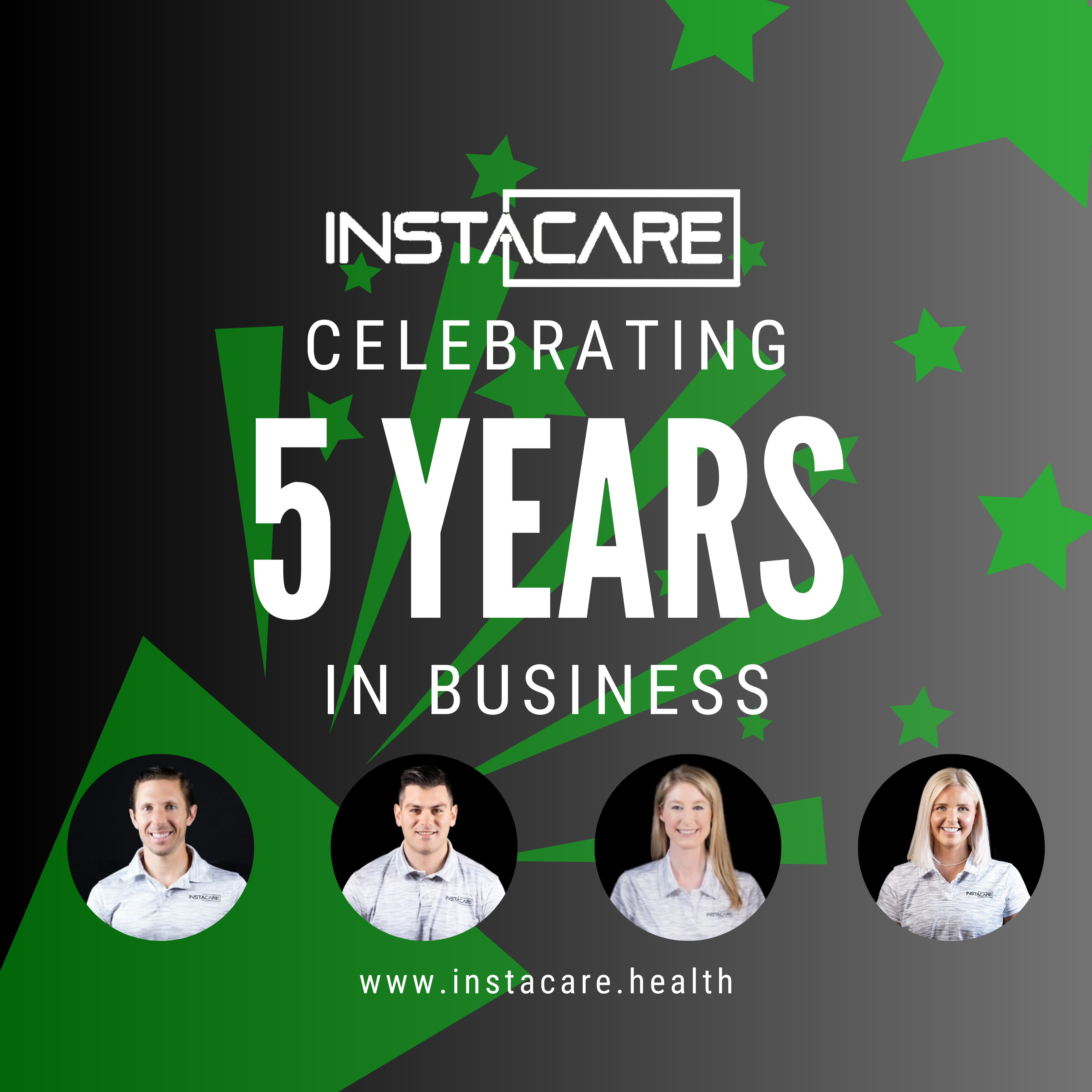InstaCare 5 Years in Business graphic with team photos