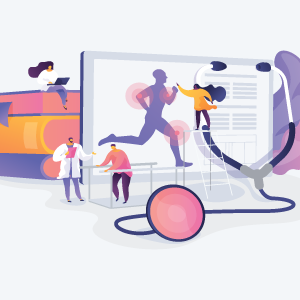Illustration of runners beside a health app dashboard